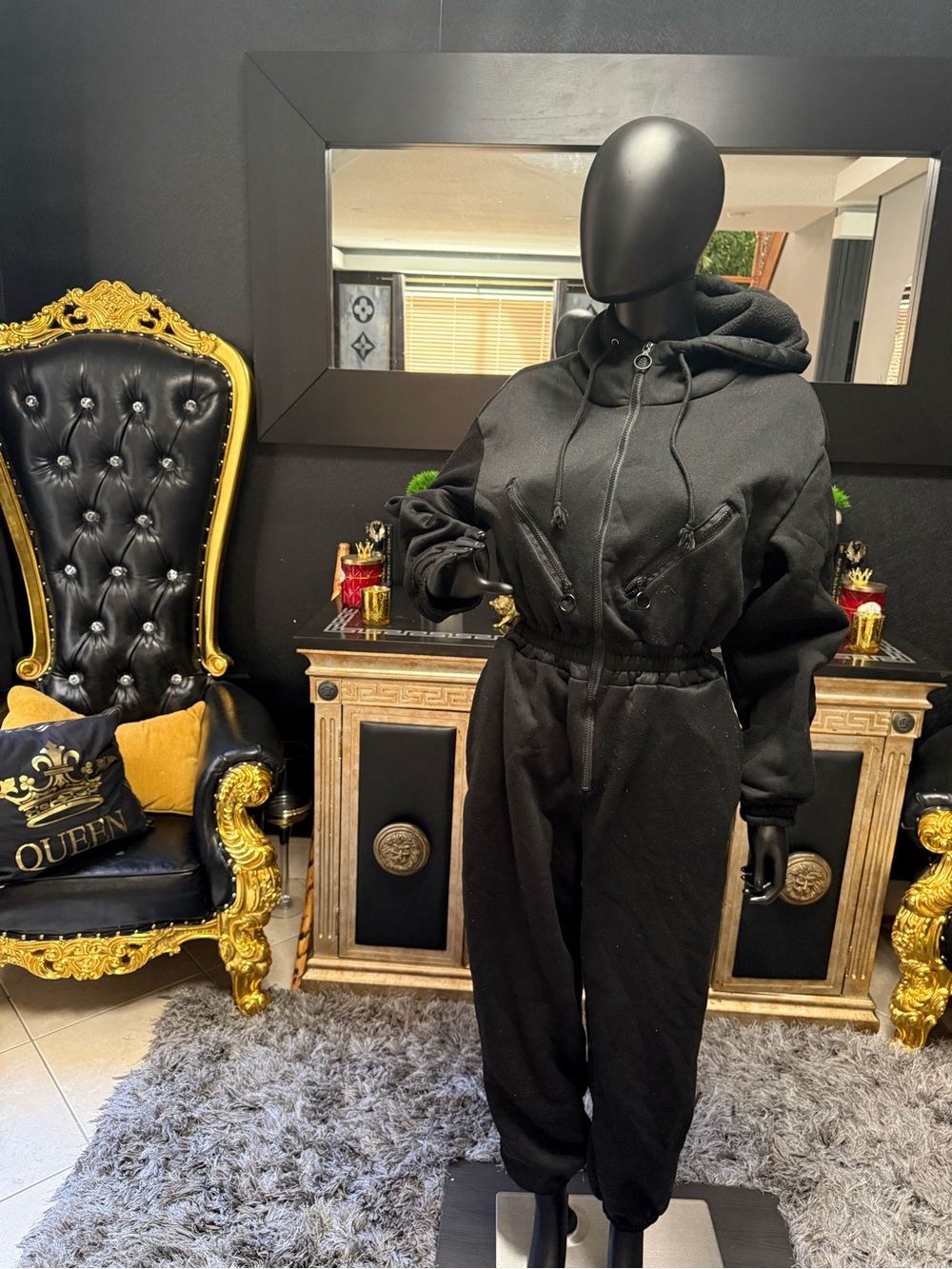Black Women's Hooded Jumpsuit - Casual Zip Front Sweatshirt Jumpsuit